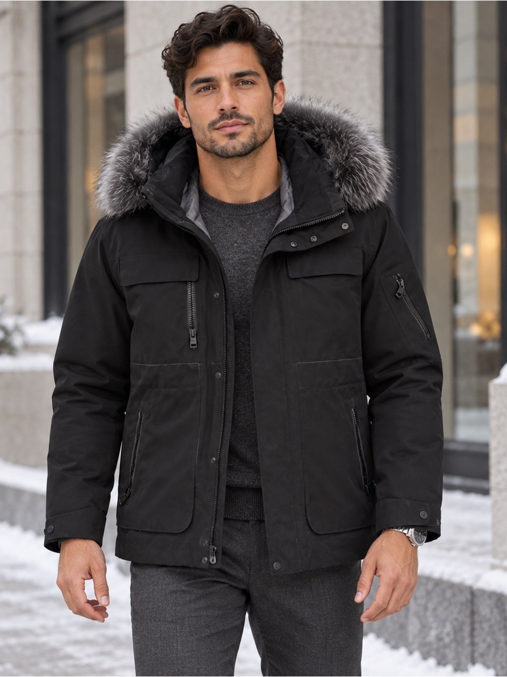 ANDREW MARC Black Down Parka Real Fox Fur Hood Men’s M